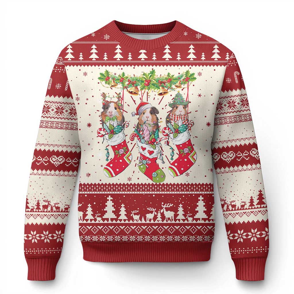 Red Christmas sweater with reindeer, stockings, and tree motif; ribbed cuffs
