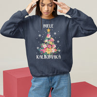 Black tropical Christmas sweatshirt with Mele Kalikimaka tree floral graphic, crew neck