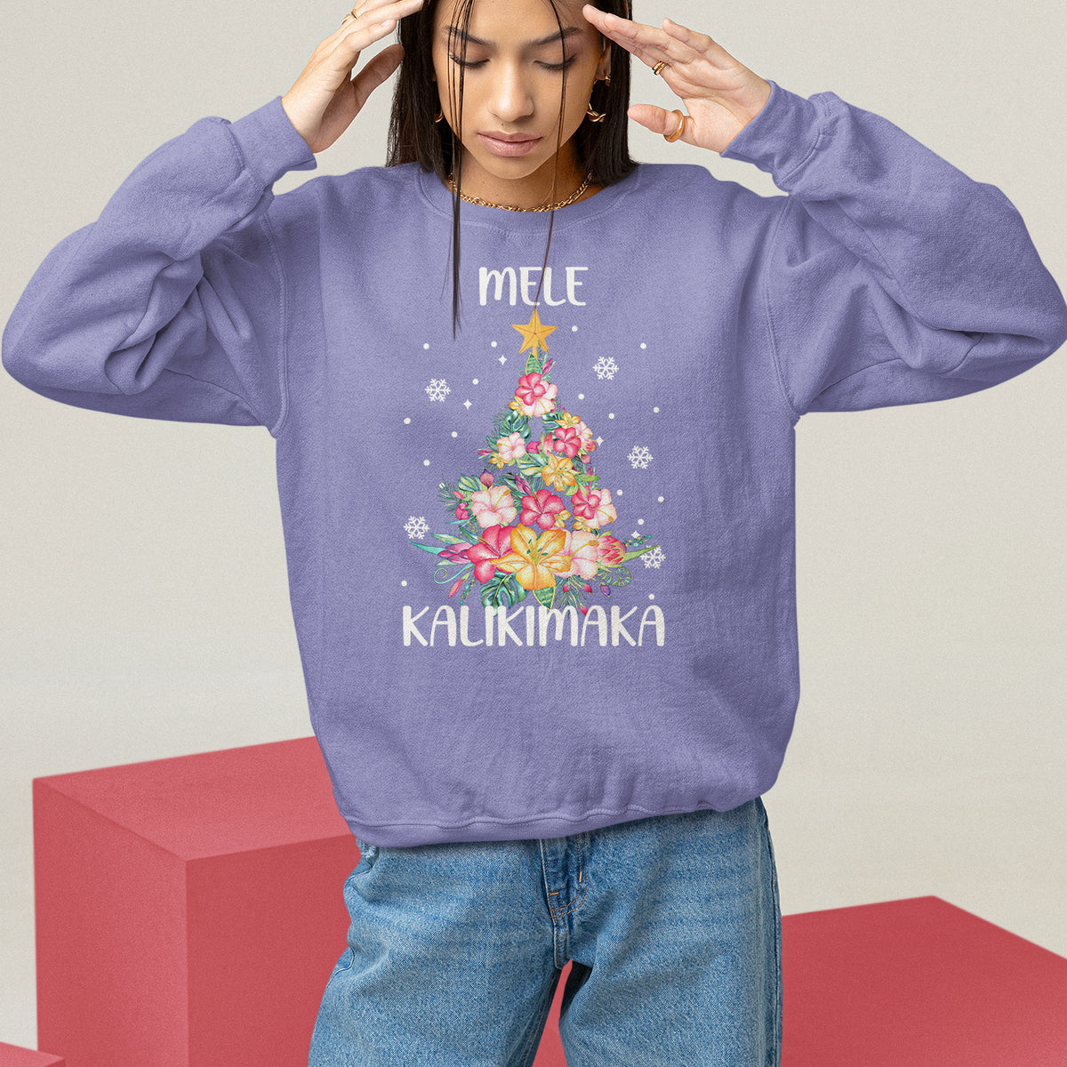 Violet tropical Christmas sweatshirt with Mele Kalikimaka tree floral graphic on front