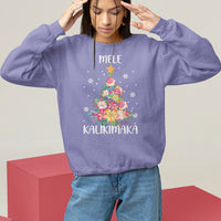Violet tropical Christmas sweatshirt with Mele Kalikimaka tree floral graphic on front