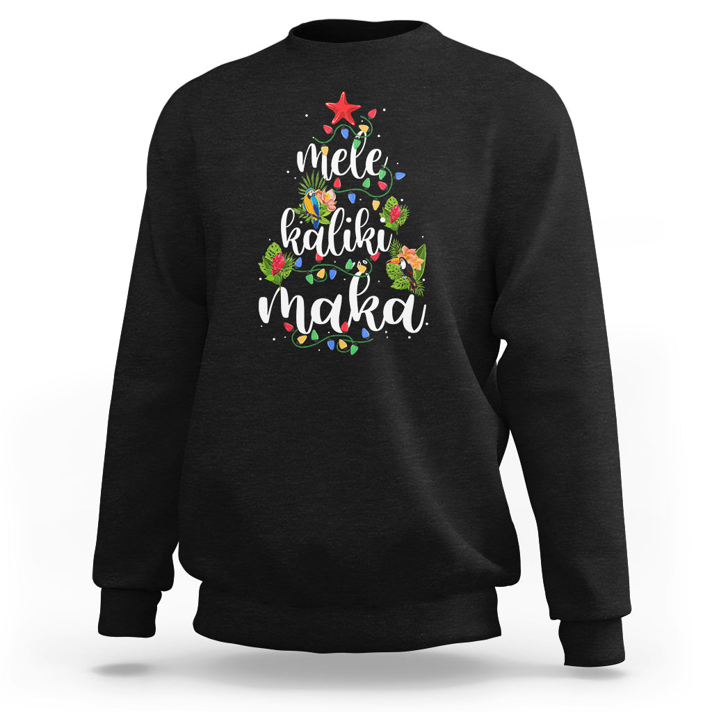 Black crewneck sweatshirt with colorful Hawaiian Christmas tree graphic
