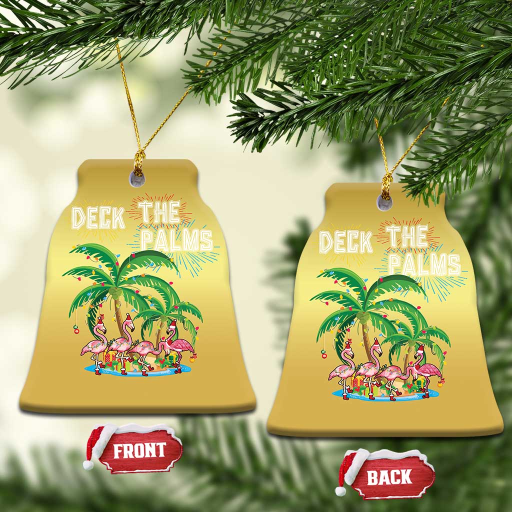Two gold bell-shaped ornaments with “Deck the Palms” flamingo palm artwork