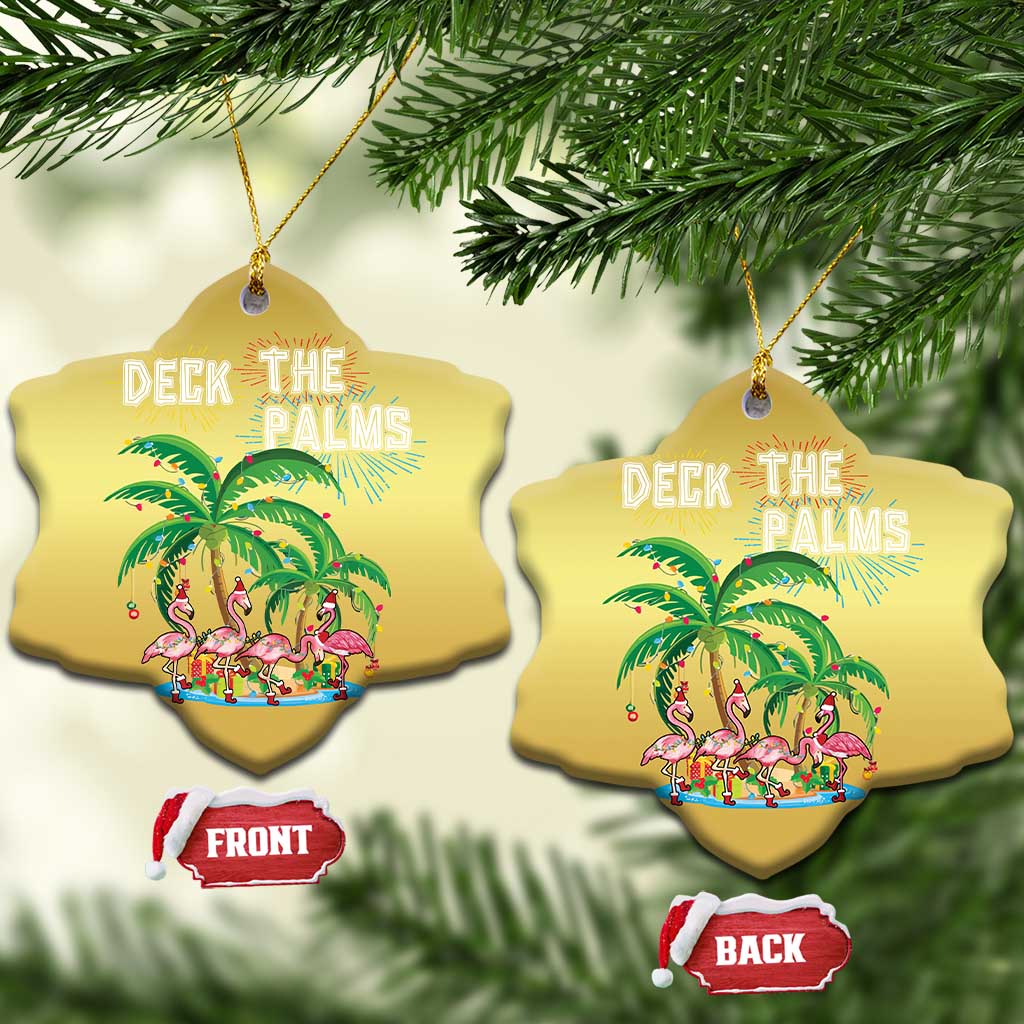 Two gold star-shaped ornaments with “Deck the Palms” flamingo palm artwork