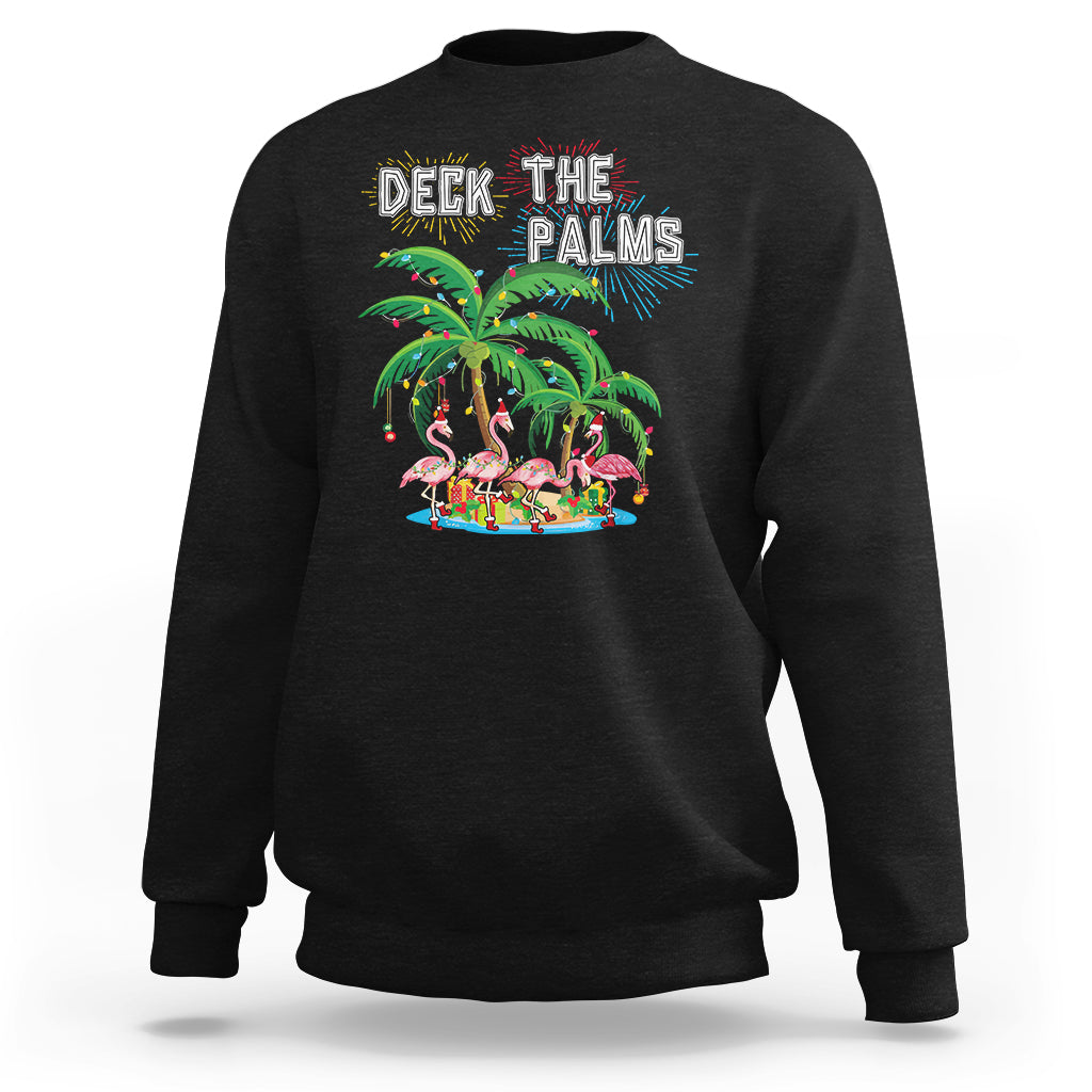 Black Christmas sweatshirt with 'Deck the Palms' flamingo palm tree graphic