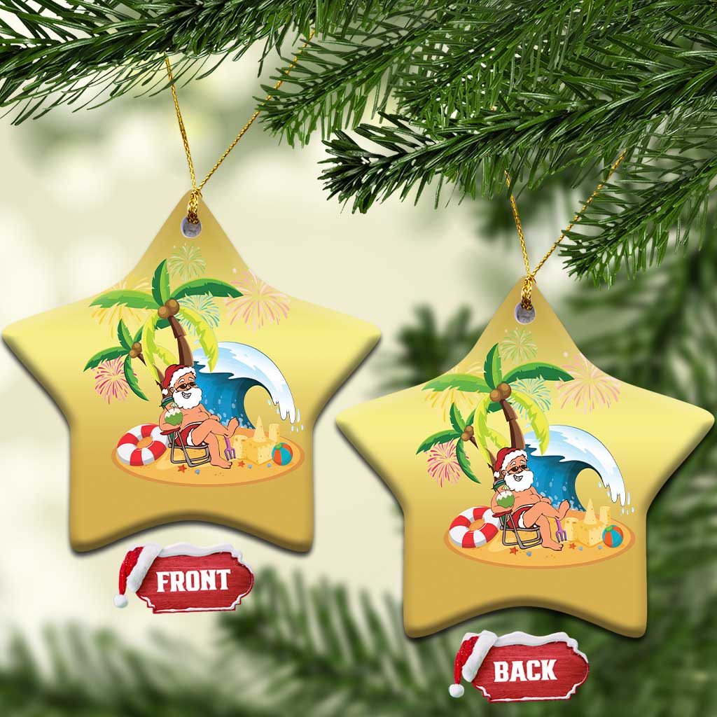 Gold star-shaped ornament with Santa beach scene under palm trees; two stars hanging.