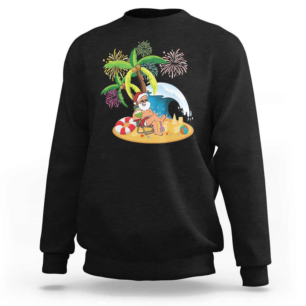 Black crewneck sweatshirt with palm tree Santa beach graphic, coconut drink and fireworks
