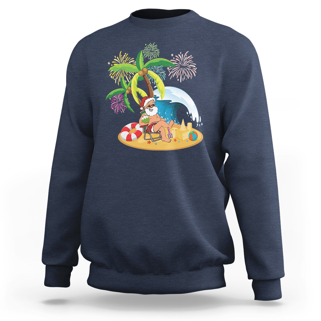 Navy crewneck sweatshirt with palm tree Santa beach graphic, coconut drink and fireworks