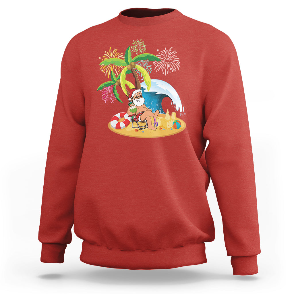 Red crewneck sweatshirt with palm tree Santa beach graphic, coconut drink and fireworks