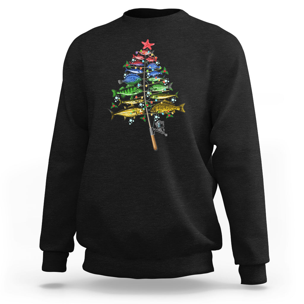 Black crewneck sweatshirt with colorful fish Christmas tree graphic on front