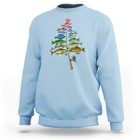 Light blue crewneck sweatshirt with colorful fish Christmas tree graphic on front