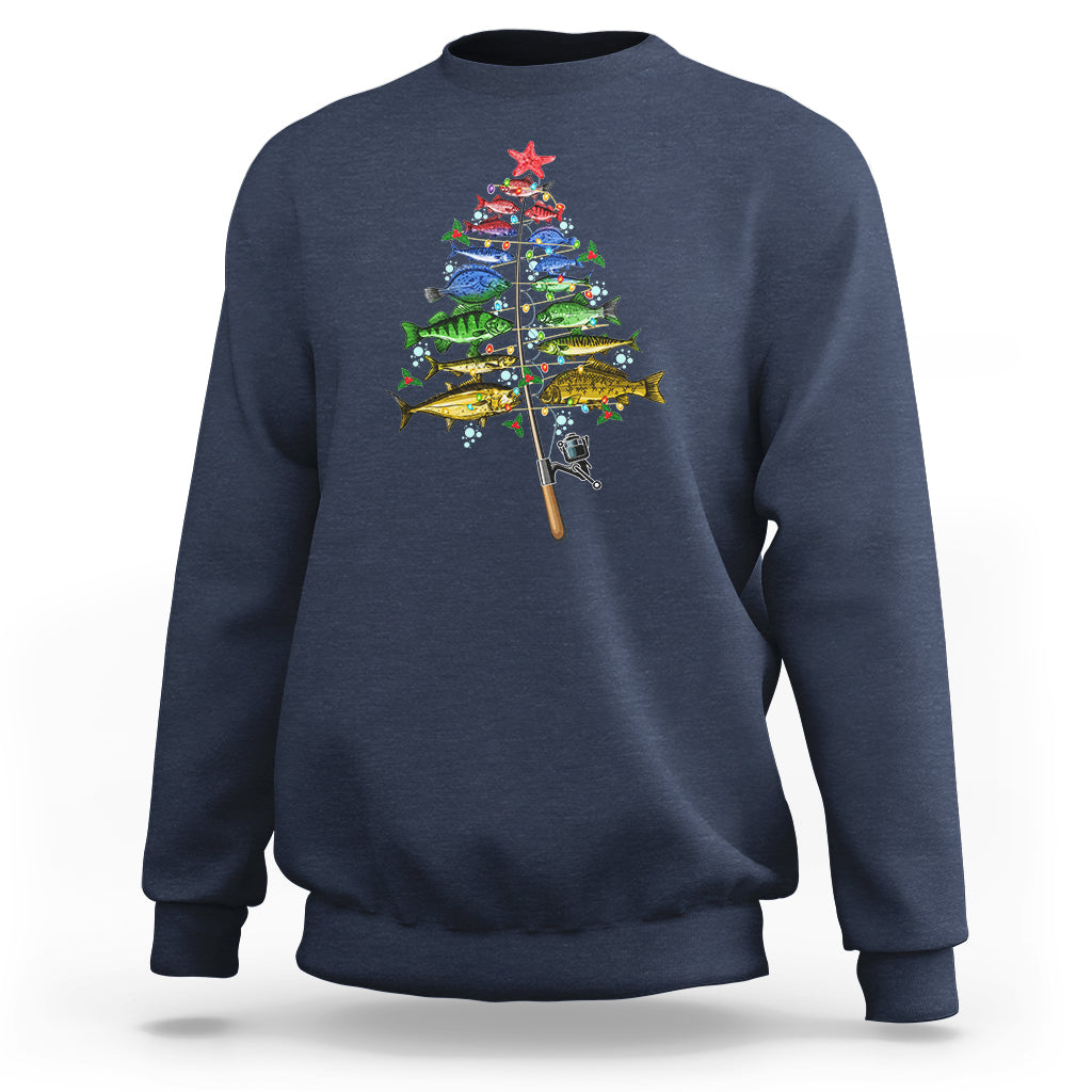 Navy crewneck sweatshirt with colorful fish Christmas tree graphic on front