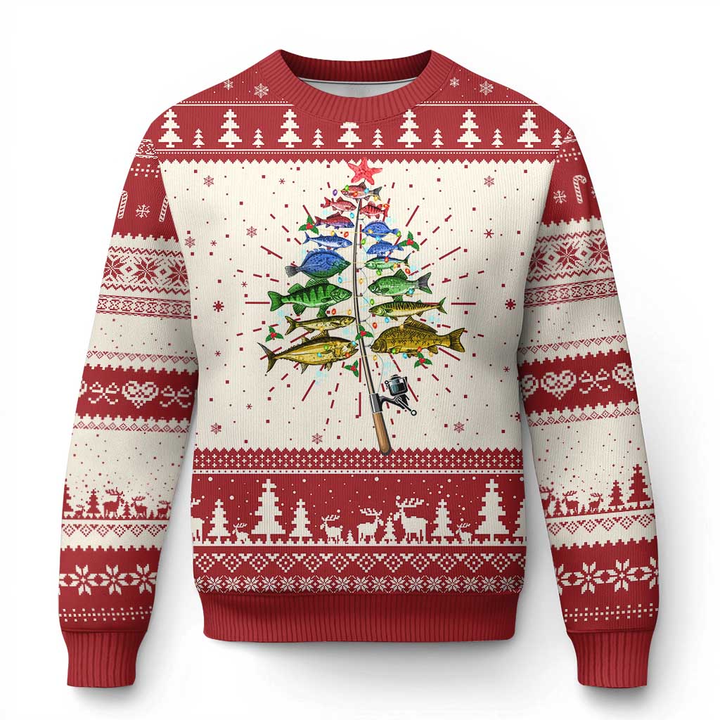 Ugly Christmas fishing sweater in red and cream with fish graphic and tree rows