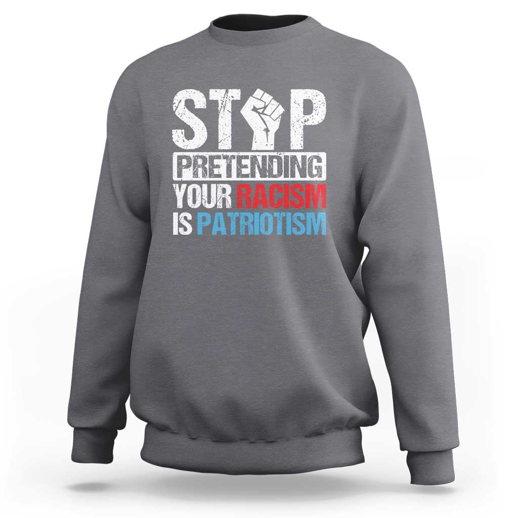 Charcoal gray crewneck sweatshirt with bold front 'STOP' graphic and slogan
