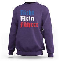 Purple crewneck sweatshirt with “Nicht mein Fuhrer” graphic text on chest