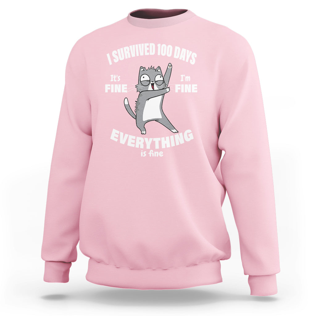 Light pink sweatshirt with gray cat graphic and white “Everything is fine” front text