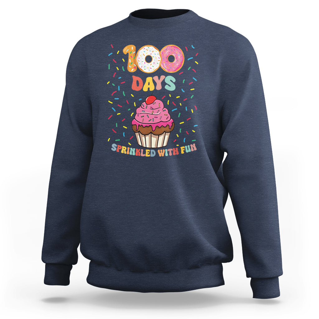 Navy sweatshirt with 100 Days cupcake graphic, 'Sprinkled with Fun'