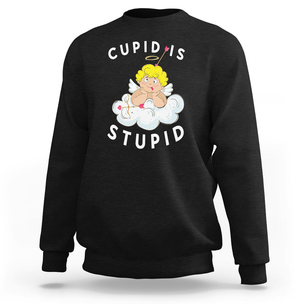 Black crewneck sweatshirt with Cupid's Stupid graphic on front