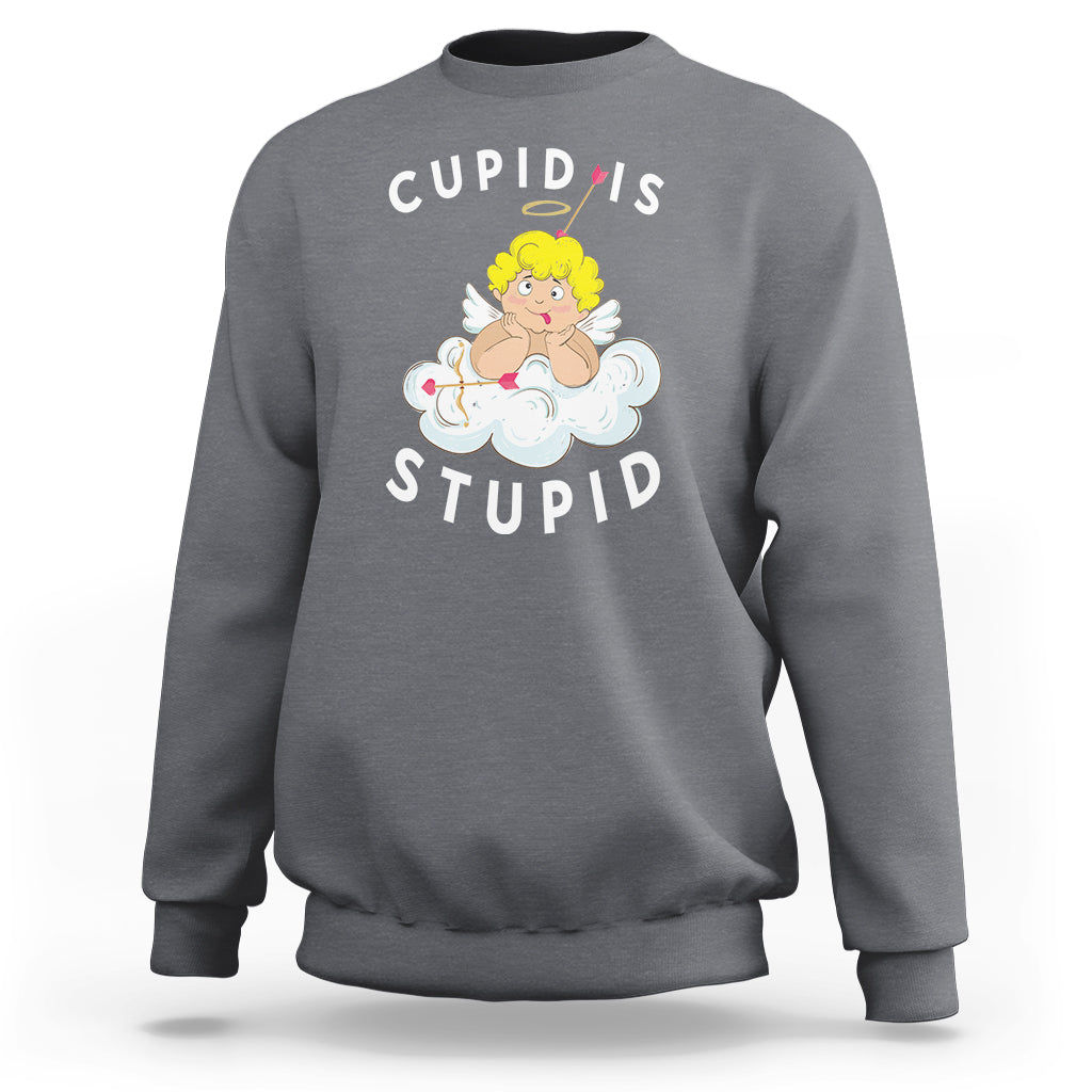 Charcoal gray crewneck sweatshirt with Cupid's Stupid graphic on front