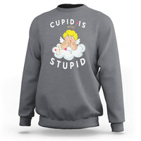 Charcoal gray crewneck sweatshirt with Cupid's Stupid graphic on front