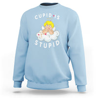 Light blue crewneck sweatshirt with Cupid's Stupid graphic on front