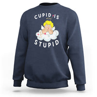 Navy crewneck sweatshirt with Cupid's Stupid graphic on front