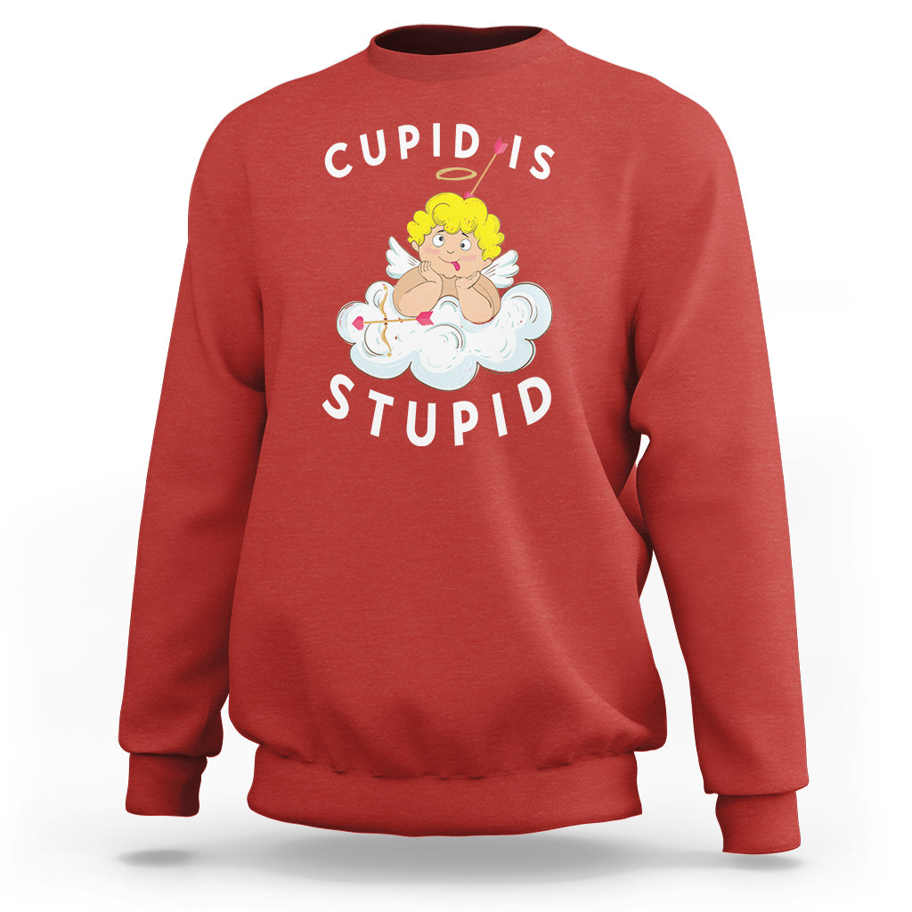 Red crewneck sweatshirt with Cupid's Stupid graphic on front