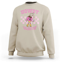 Sand beige Valentine’s Day graphic sweatshirt with “Howdy Valentine” heart character front print.