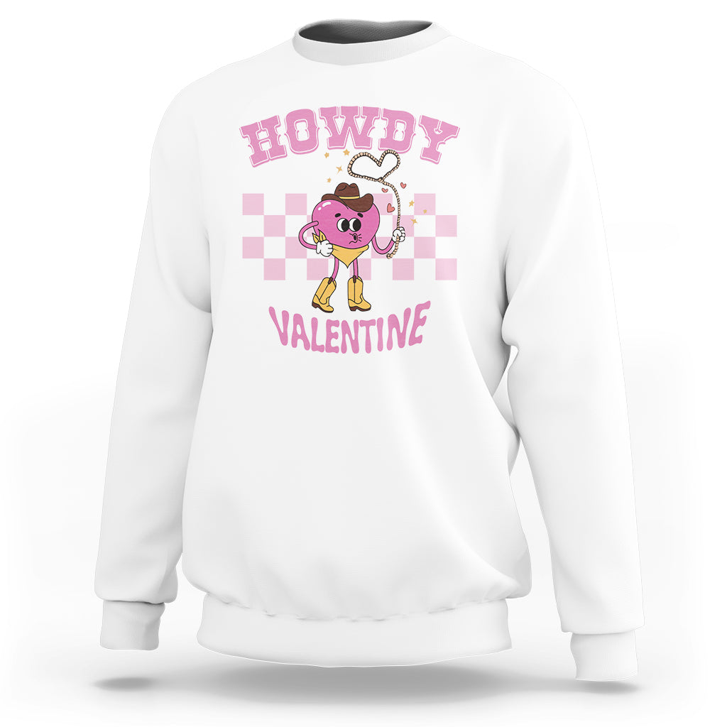 White Valentine’s Day graphic sweatshirt with “Howdy Valentine” heart character front print.