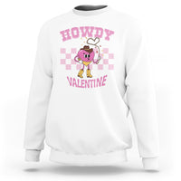White Valentine’s Day graphic sweatshirt with “Howdy Valentine” heart character front print.