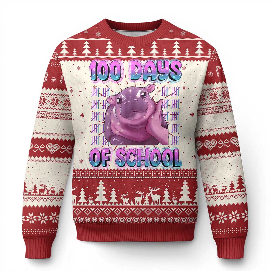 Red ugly Christmas sweater with purple hippo and '100 Days of School' lettering