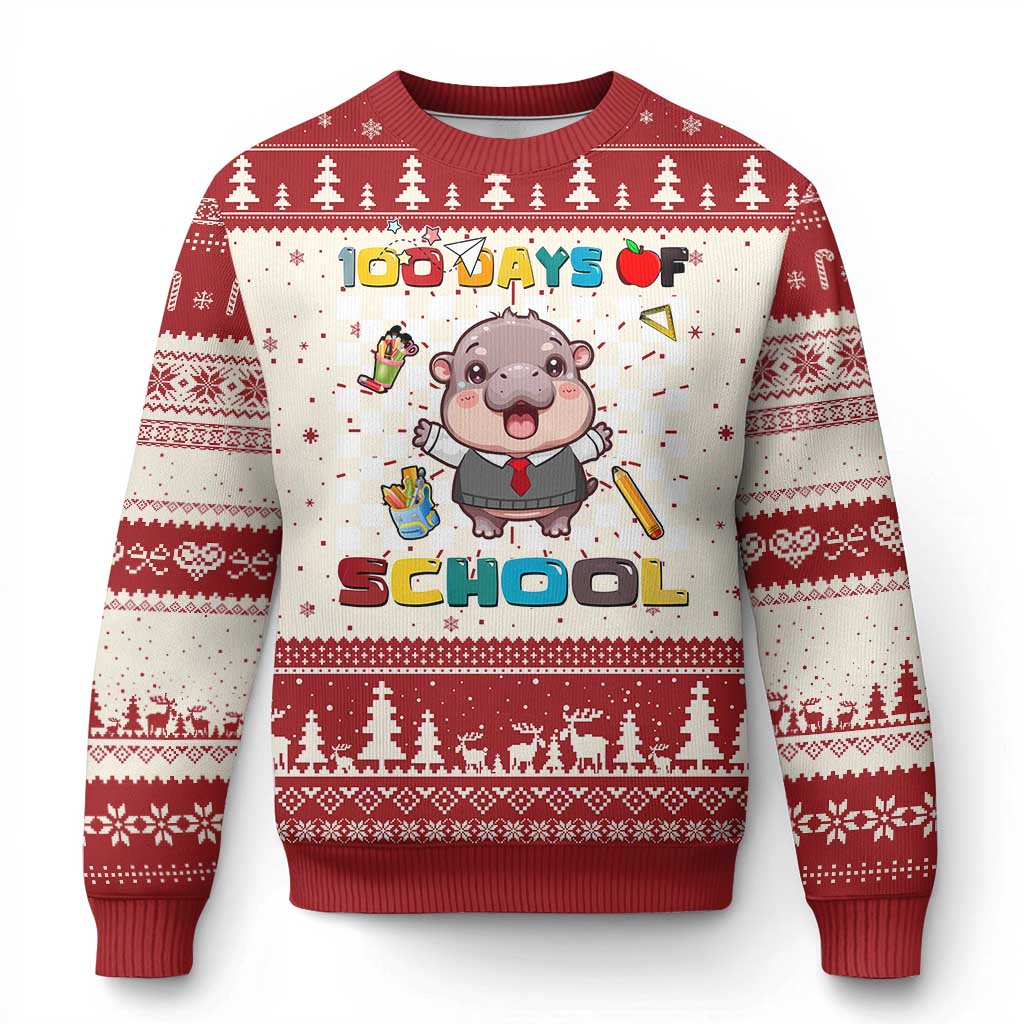 Red and white ugly Christmas sweater with cartoon hippo and school text, long sleeves