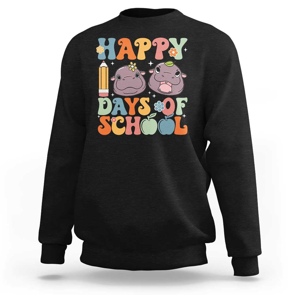 Black sweatshirt with colorful "Happy Days of School" graphic and two cartoon cows