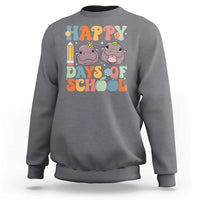 Gray sweatshirt with colorful "Happy Days of School" graphic and two cartoon cows