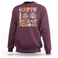 Maroon sweatshirt with colorful "Happy Days of School" graphic and two cartoon cows