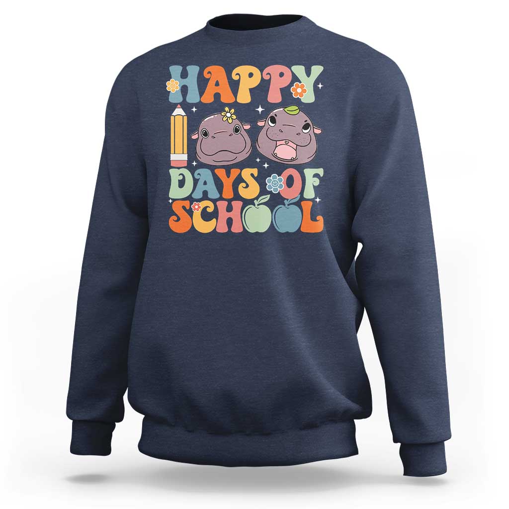 Navy sweatshirt with colorful "Happy Days of School" graphic and two cartoon cows