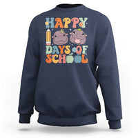 Navy sweatshirt with colorful "Happy Days of School" graphic and two cartoon cows