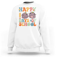 White sweatshirt with colorful "Happy Days of School" graphic and two cartoon cows