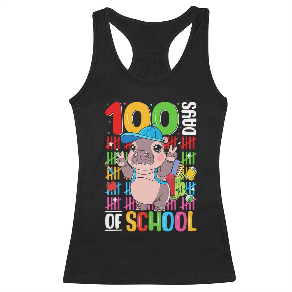 Funny 100th Day Of School Moo Deng Racerback Tank Top Cute Baby Hippo Colorful 100 Days