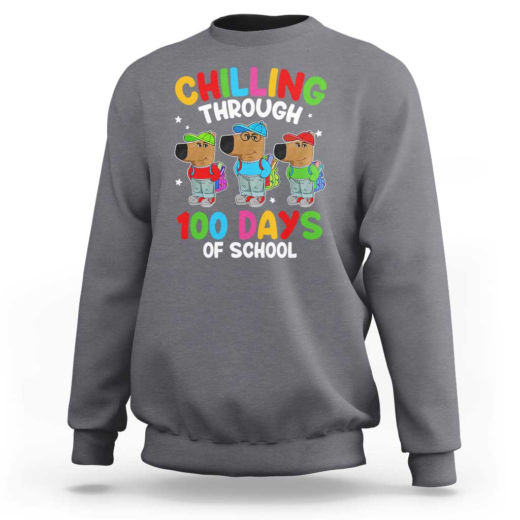Charcoal gray pullover sweatshirt with “Chilling Through” and “100 Days of School” graphic.