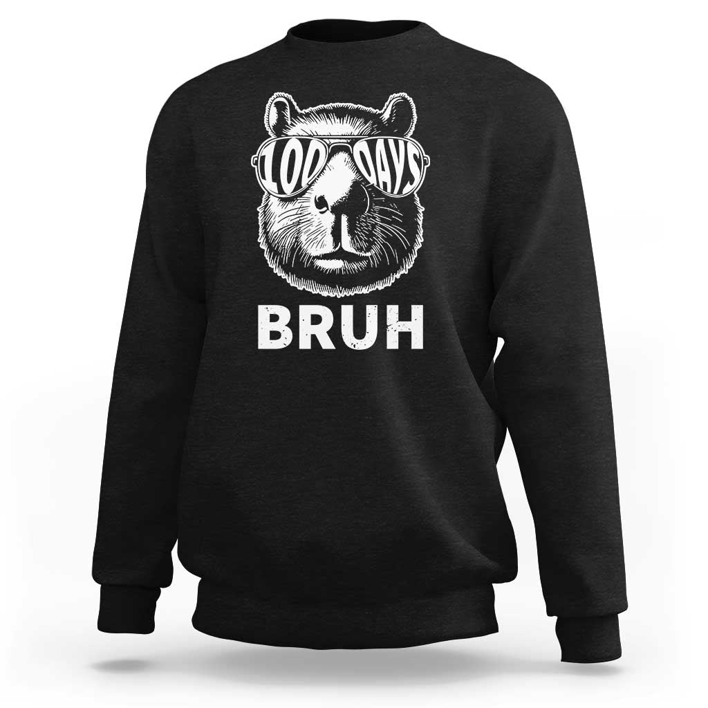 Black crewneck sweatshirt with capybara wearing sunglasses and 'BRUH' front print