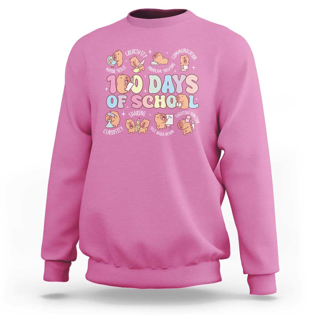 Pink kids' crewneck sweatshirt with "100 Days of School" capybara graphic