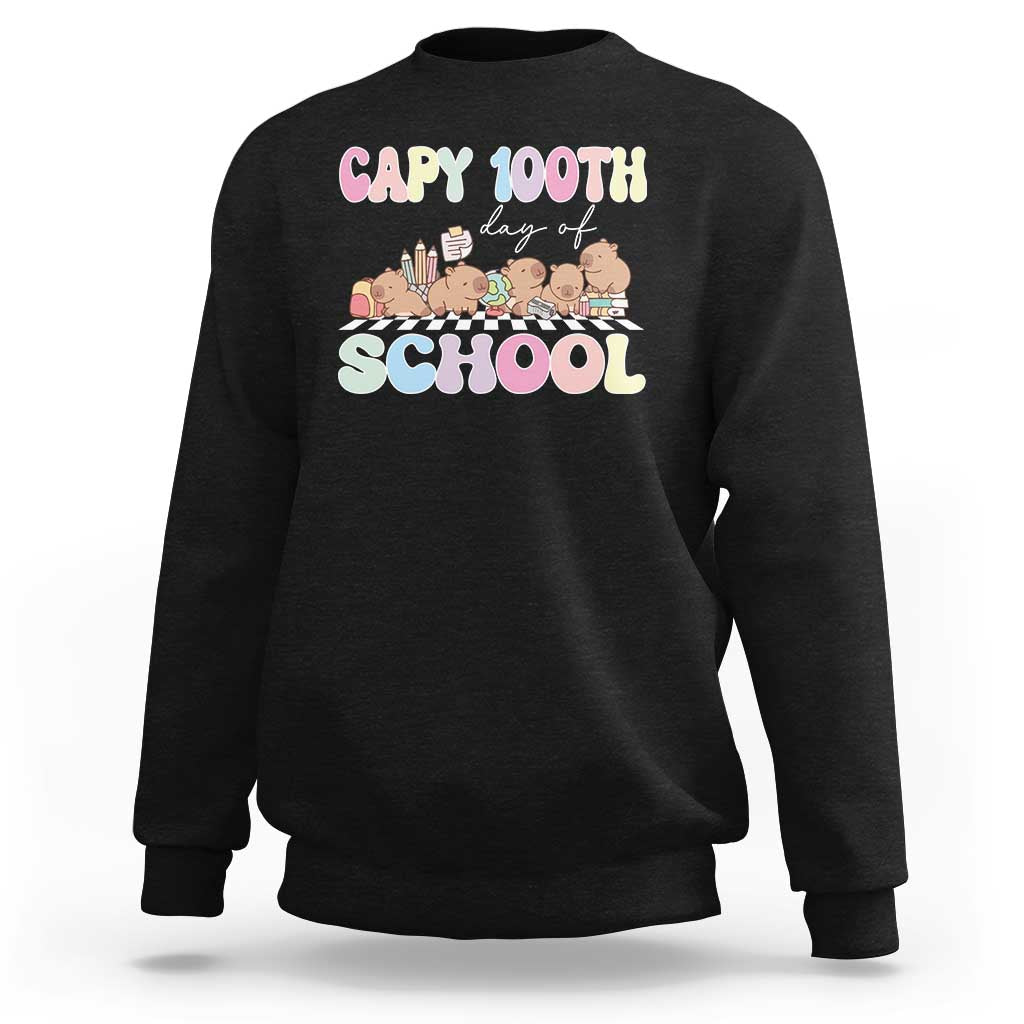 Black capybara 100 days of school sweatshirt with colorful front graphic