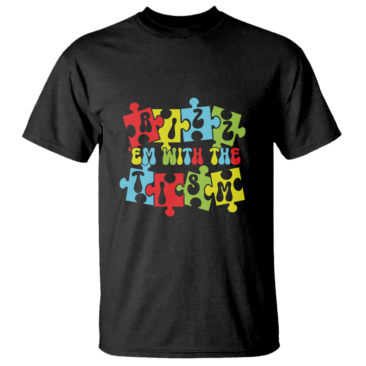 Black crew-neck T-shirt with colorful jigsaw-style autism awareness graphic on front