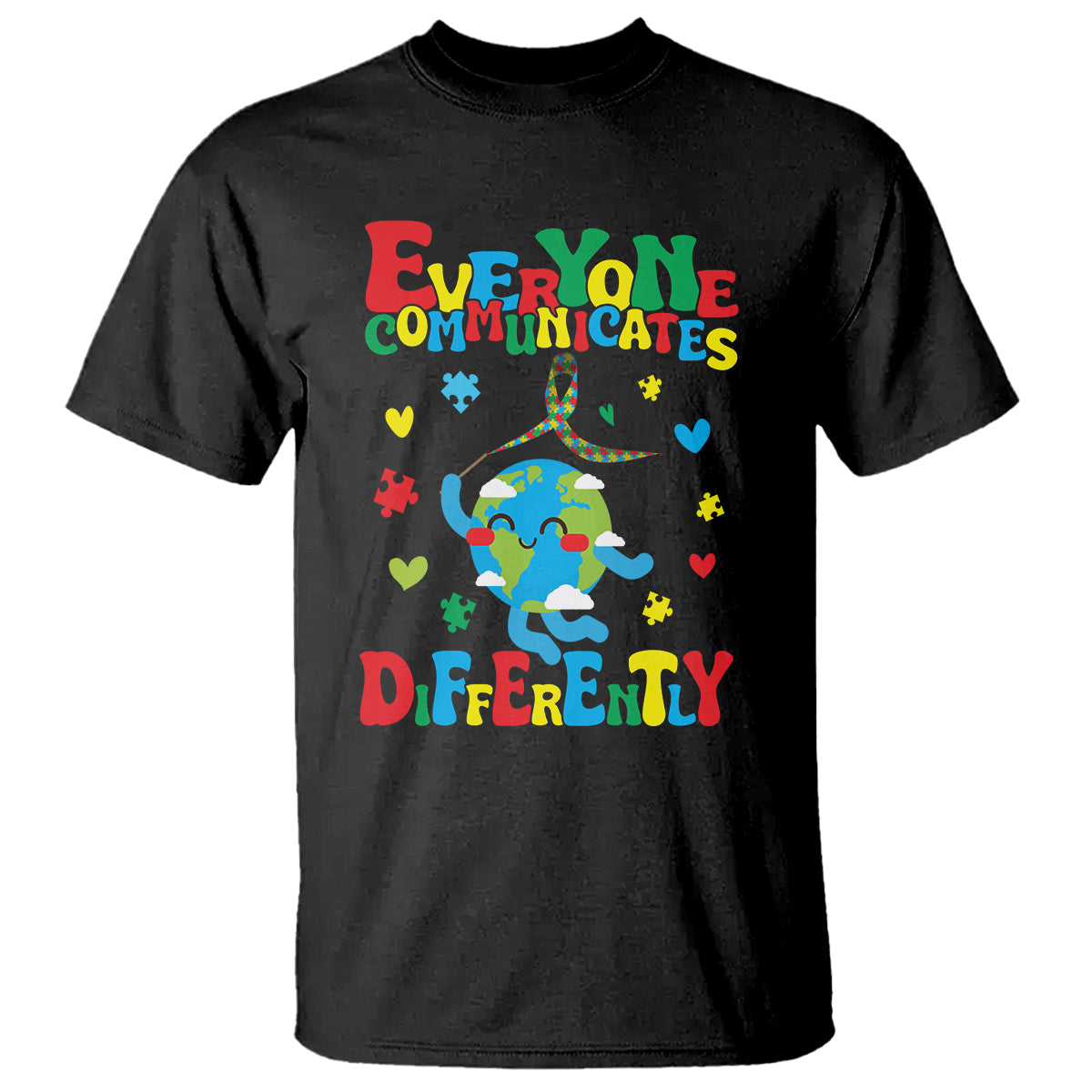 Black autism awareness T-shirt with rainbow figure 'Everyone communicates differently' graphic