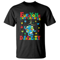 Black autism awareness T-shirt with rainbow figure 'Everyone communicates differently' graphic