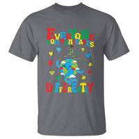 Charcoal autism awareness T-shirt with rainbow figure 'Everyone communicates differently' graphic