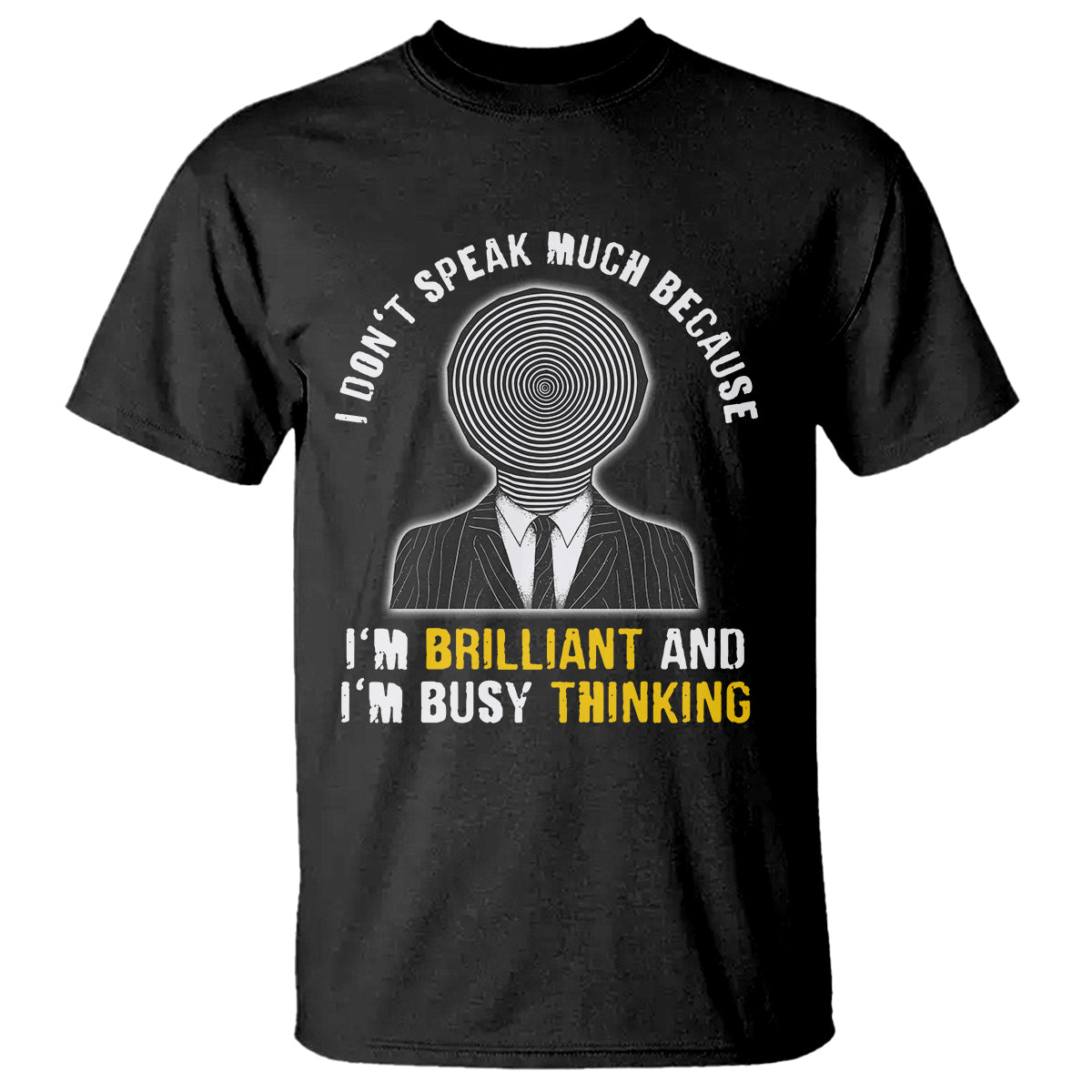 Autism awareness graphic T-shirt in black with head-and-spiral and bold quote design