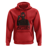 Red pullover hoodie with autism puzzle artwork and 'AUTISM' front graphic