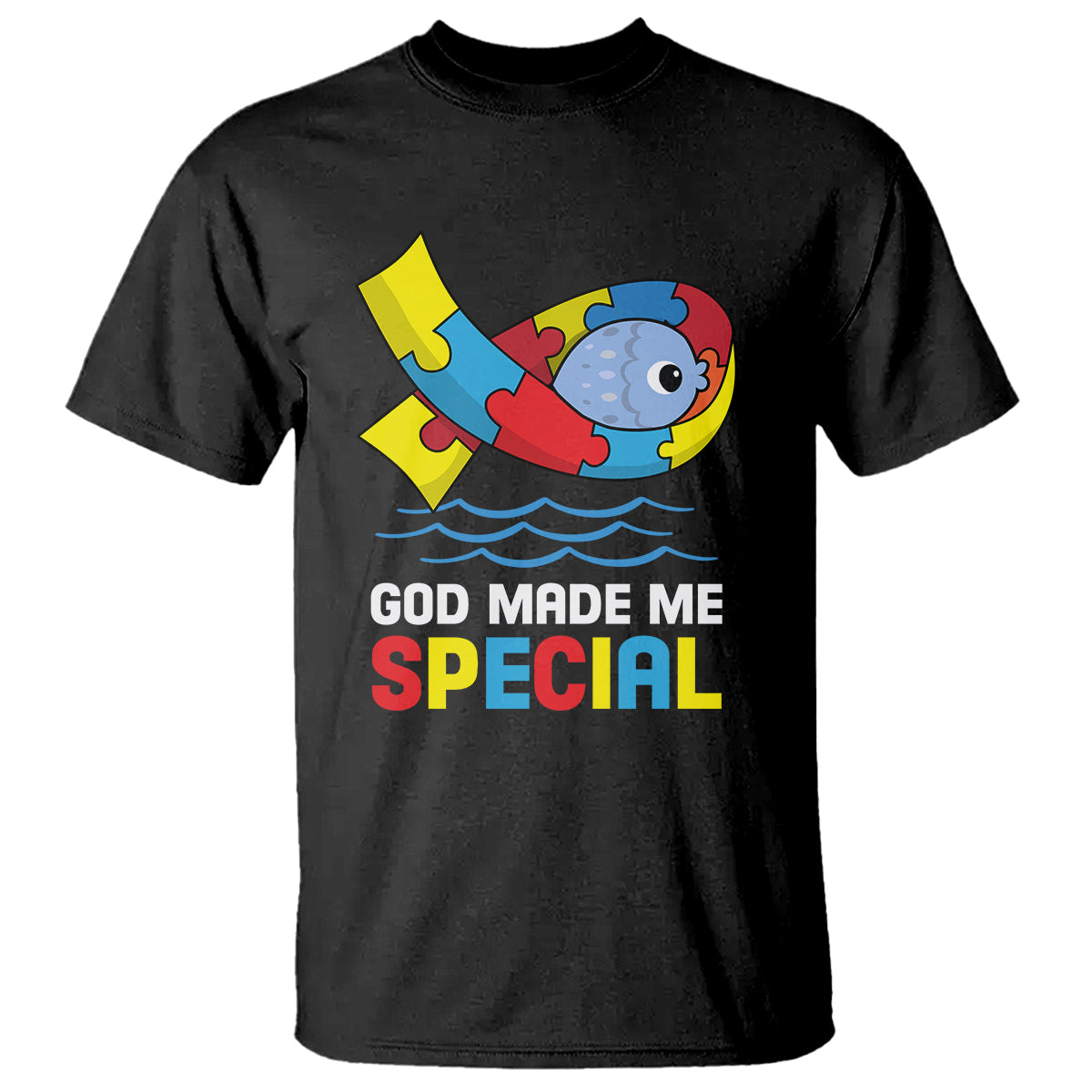 Black autism awareness t-shirt with puzzle-fish graphic and 'GOD MADE ME SPECIAL' print