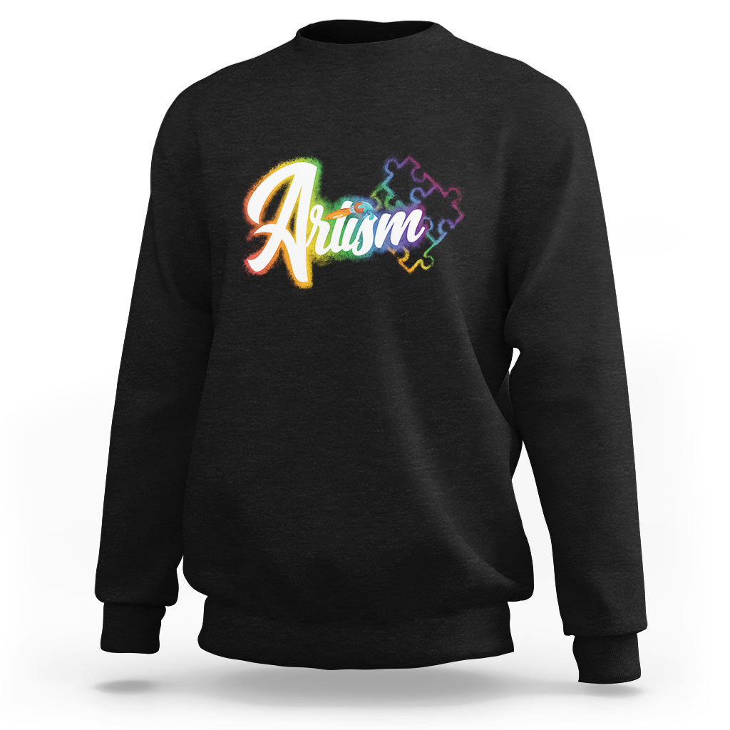 Black crewneck sweatshirt with colorful “Autism” rainbow text front graphic